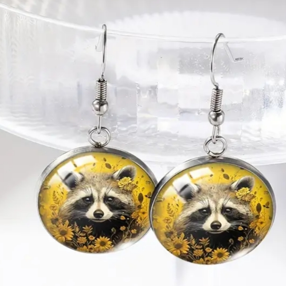 NEW Y2K Yellow Sunflower Summer‎ Colorful Raccoon Preppy Crystal Glass Earrings